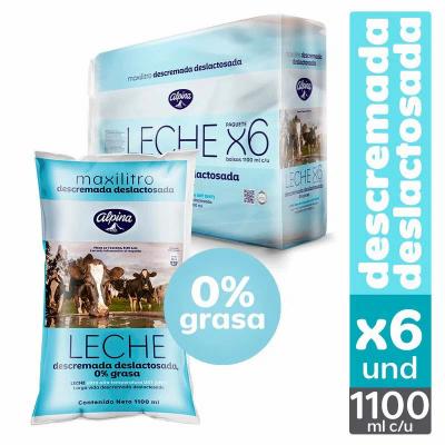 Leche ALPINA descremada y deslactosada sixpack 6600ml